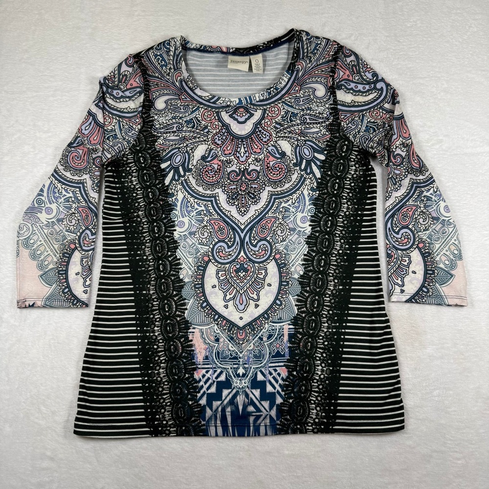Zenergy by Chico's Womens Paisley Striped Lace Trim‎ 3/4 Sleeve Top Size 0 S